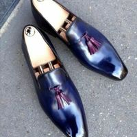 Men's Shiny Blue Loafer Slip On Maroon Tassel Burnished Derby Toe Leather Shoes - Thumbnail 4