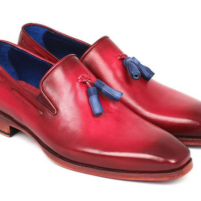 Burgundy loafer slip on blue tassels handmade burnished derby toe leather shoes