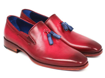 Burgundy Loafer Slip On Blue Tassels Handmade Burnished Derby Toe Leather Shoes