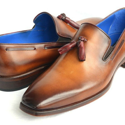 Men brown tassel loafer slip on burnished derby toe genuine leather formal shoes