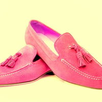 Men Pink Color Tassel Loafer Slip On Suede Leather Matching Sole Handmade Shoes - Thumbnail 1