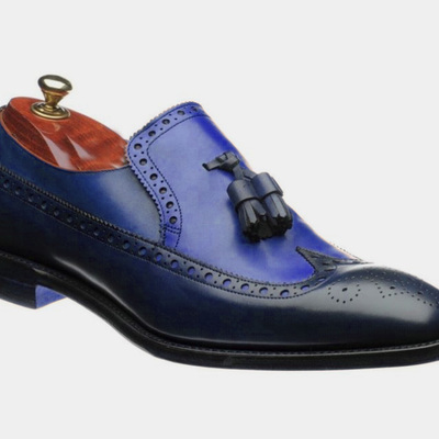 Unique handmade custom blue wing tip tassels loafer formal shoes in genuine leather for men