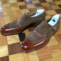 Men Two Tone Shiny Brown Wing Tip Brogue Toe Monk Suede Leather Party Wear Shoes - Thumbnail 1