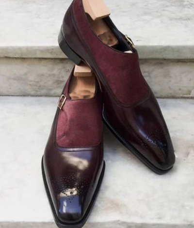 Decent Formal Burgundy Handmade Party Wear Shoes In Genuine Suede Leather For Men