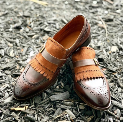 Handmade Men's Brown Brogue Fringes Monk Strap Leather Suede Shoes.