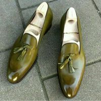 Handmade Men Olive Green Tassels Slip On Dress Shoes, Real Leather Office Shoes - Thumbnail 4