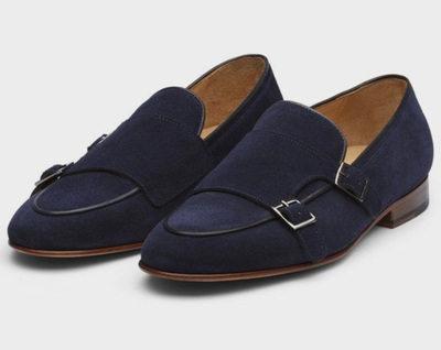 Decent Handmade Navy Blue Double Monk Gorgeous Looking Shoes In Genuine Suede For Men