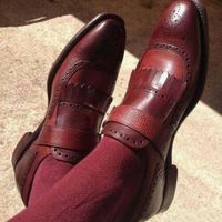 Handmade Men's Brogue Fringes, Monk Strap Dress Shoes, Real Leather Shoes - Thumbnail 4