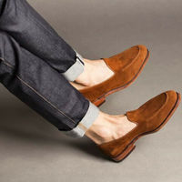 Handmade Men's Tan Formal Loafer Slip On Dress Shoes, Real Suede Office Shoes - Thumbnail 4