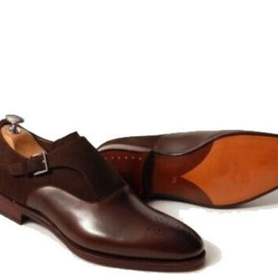 Mens handmade shoes brown suede cow leather monk brogue toe oxford formal boots