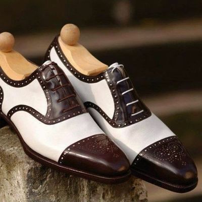 Mens handmade shoes brown cap toe brogue white leather formal wear casual boots