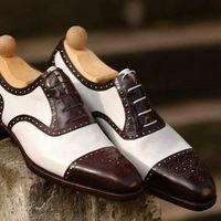 Mens Handmade Shoes Brown Cap Toe Brogue White Leather Formal Wear Casual Boots - Thumbnail 1