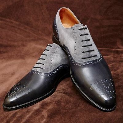 Mens Handmade Shoes Brogue Two Tone Gray Suede Black Leather Formal Dress Boots