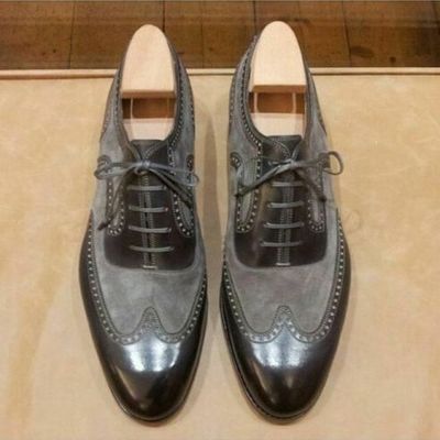Handmade two tone wingtip formal shoes, men gray and black two tone shoes