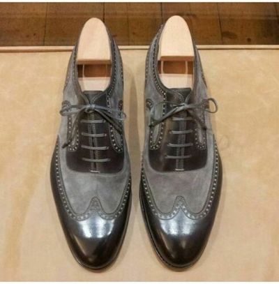 Handmade Two Tone Wingtip Formal Shoes, Men Gray And Black Two Tone Shoes