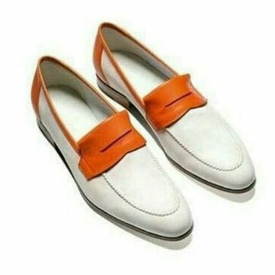 Handmade men two tone party shoes white and tan leather shoes moccasins