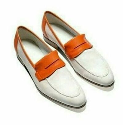 Handmade Men Two Tone Party Shoes White And Tan Leather Shoes Moccasins