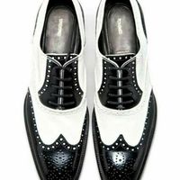 Men Handmade Leather two tone brogue shoes men correspondents shoes - Thumbnail 1