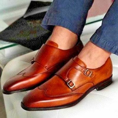 Mens handmade formal shoes tan leather double monk strap casual wear dress boots