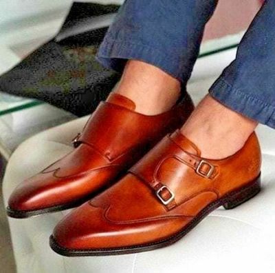Mens Handmade Formal Shoes Tan Leather Double Monk Strap Casual Wear Dress Boots