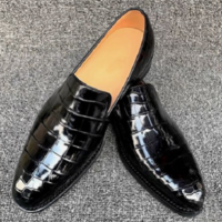 Handmade Men's Black Round Toe Crocodile Texture Leather Moccasin Dress Shoes - Thumbnail 4