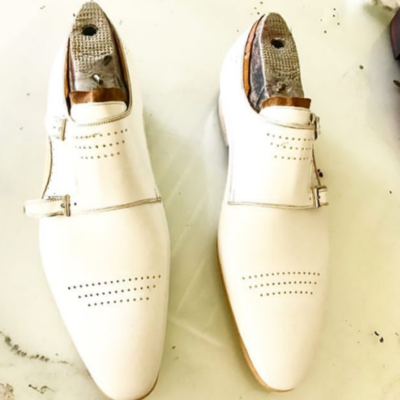 Handmade men's white brogue double monk strap dress leather shoes
