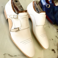 Handmade Men's White Brogue Double Monk Strap Dress Leather Shoes - Thumbnail 1