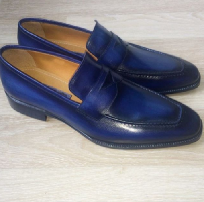 Handmade Men's Shaded Blue Formal Moccasin Dress Shoes, Real Leather Shoes