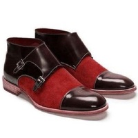 Men’s Handmade Chocolate Brown & Red Leather Suede Boots, Men’s Cap Toe Double Monk Ankle Boots - Thumbnail 4