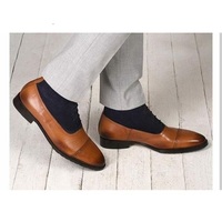 Men’s Handmade Navy Blue & Tan Ankle High Leather Suede Boots, Men’s Cap Toe Lace Up Boots - Thumbnail 4