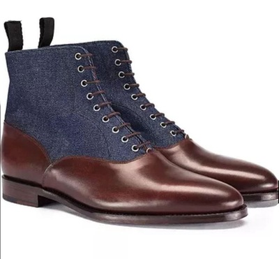 Men’s Handmade Ankle High Leather & Denim Boots, Men’s Two-Tone Lace Up Boots