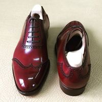 Maroon Oxford Wing Tip Plain Toe Genuine Leather Lace up Classical Men Shoes - Thumbnail 4