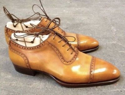 New Pure Handmade Tan Leather Lace up Brogue Shoes for Men's