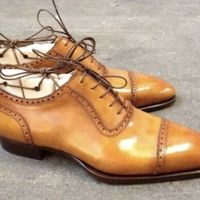 New Pure Handmade Tan Leather Lace up Brogue Shoes for Men's - Thumbnail 4