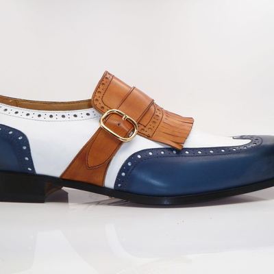 Handmade men's leather dress shoes, men blue white tan wing tip monk strap shoes