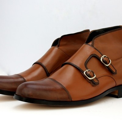 Handmade men's double monk leather boots, men ankle high designer custom boots - Thumbnail 4