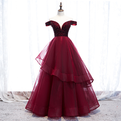 Burgundy tulle long prom gown formal dress
