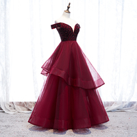 Burgundy tulle long prom gown formal dress - Thumbnail 1