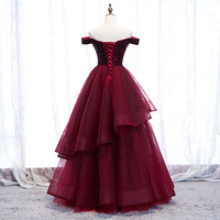 Burgundy tulle long prom gown formal dress - Thumbnail 2