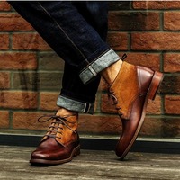 Handmade Men’s Brogue Ankle High Boot,Tan Brown Leather & Suede LaceUp Boot - Thumbnail 4