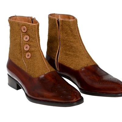 Handmade button boot brown wooden and fabric men boots - Thumbnail 2