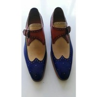 Handmade Men Blue Beige Brown Wing Tip Single Buckle Strap Premium Leather Shoes - Thumbnail 1
