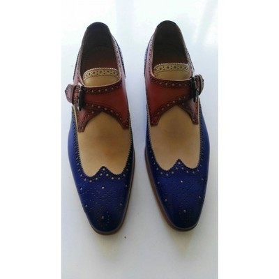Handmade men blue beige brown wing tip single buckle strap premium leather shoes