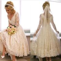 Vintage Lace 1950s V Neck Wedding Dress Tea Length Country Style Short Bridal Gowns with Illusion 3/4 Sleeves Custom Made,427 - Thumbnail 1