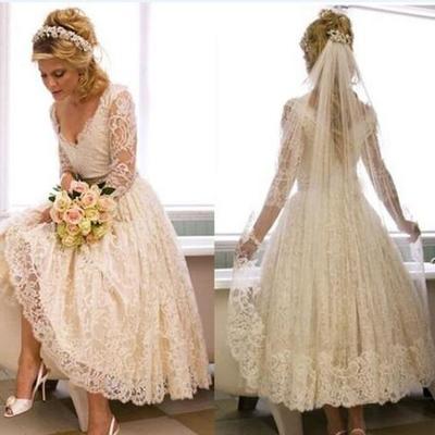 Vintage lace 1950s v neck wedding dress tea length country style short bridal gowns with illusion 3/4 sleeves custom made,427 - Thumbnail 4