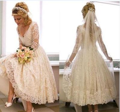 Vintage Lace 1950s V Neck Wedding Dress Tea Length Country Style Short Bridal Gowns with Illusion 3/4 Sleeves Custom Made,427