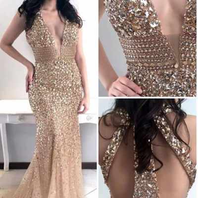 Gold heavy beaded mermaid prom dress,charming beaded evening dress,prom dresses,431