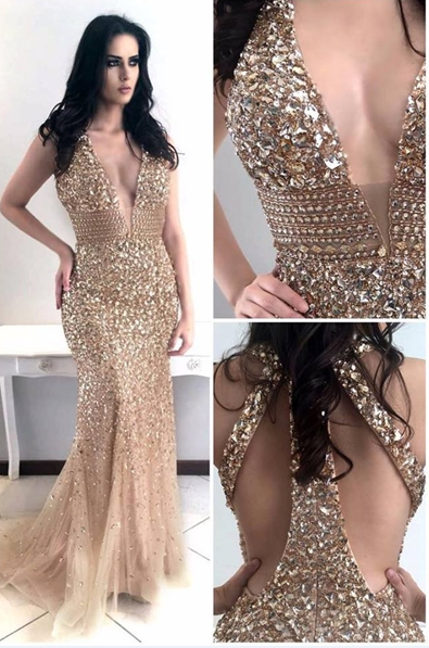 Gold Heavy Beaded Mermaid Prom Dress,Charming Beaded Evening Dress,Prom Dresses,431