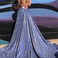 Sparkly Satin Royal Blue Split Prom Dresses, Spaghetti Straps Cross Back Prom Dresses with Pockets，436 - Thumbnail 1