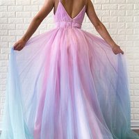 Ombre Prom Dress, Spaghetti straps V neck Tulle Colored Prom Dresses, Wedding Party Gowns, Evening Party Gowns, Wedding Guest Dress，438 - Thumbnail 1